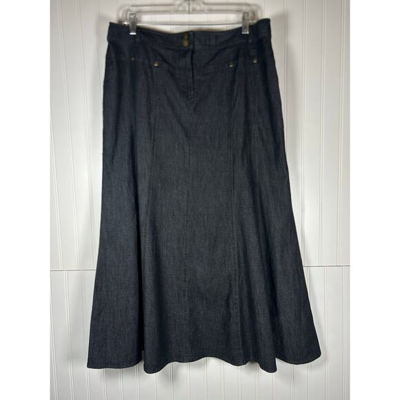 Larry Levine Womens flare Stretch Denim maxi, black Skirt Sz 16 buttons pocket - Picture 9 of 10